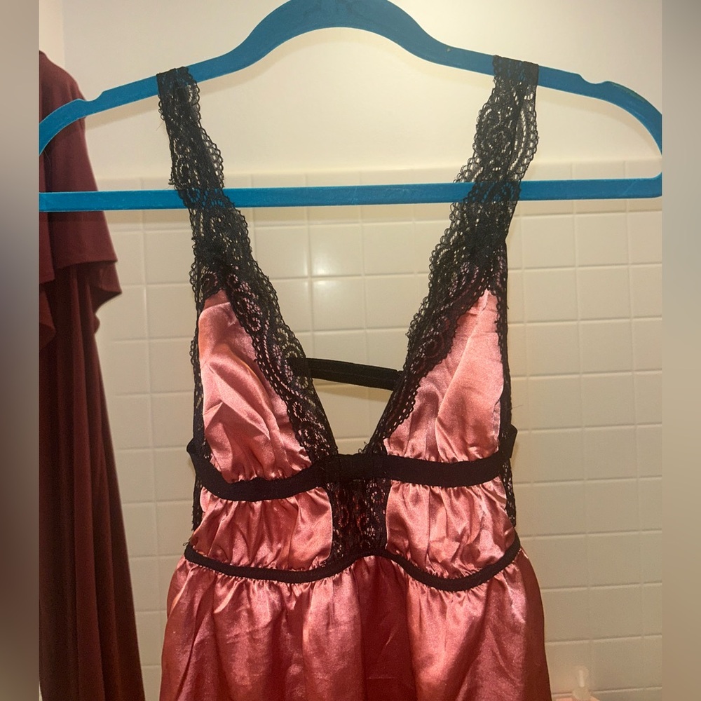 Size M, no tags. Satin Pink Lace Trim Nightgown